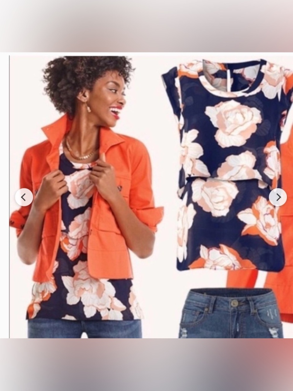 CABI Floral Layered Chiffon Shell Top - Navy & Coral size Small